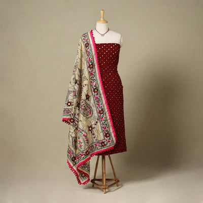 Maroon 2pc Unstitched Bandhani Dress Material with Jewellery Set