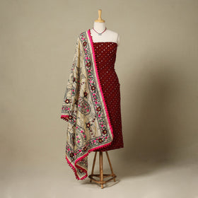 Maroon 2pc Unstitched Bandhani Dress Material with Jewellery Set