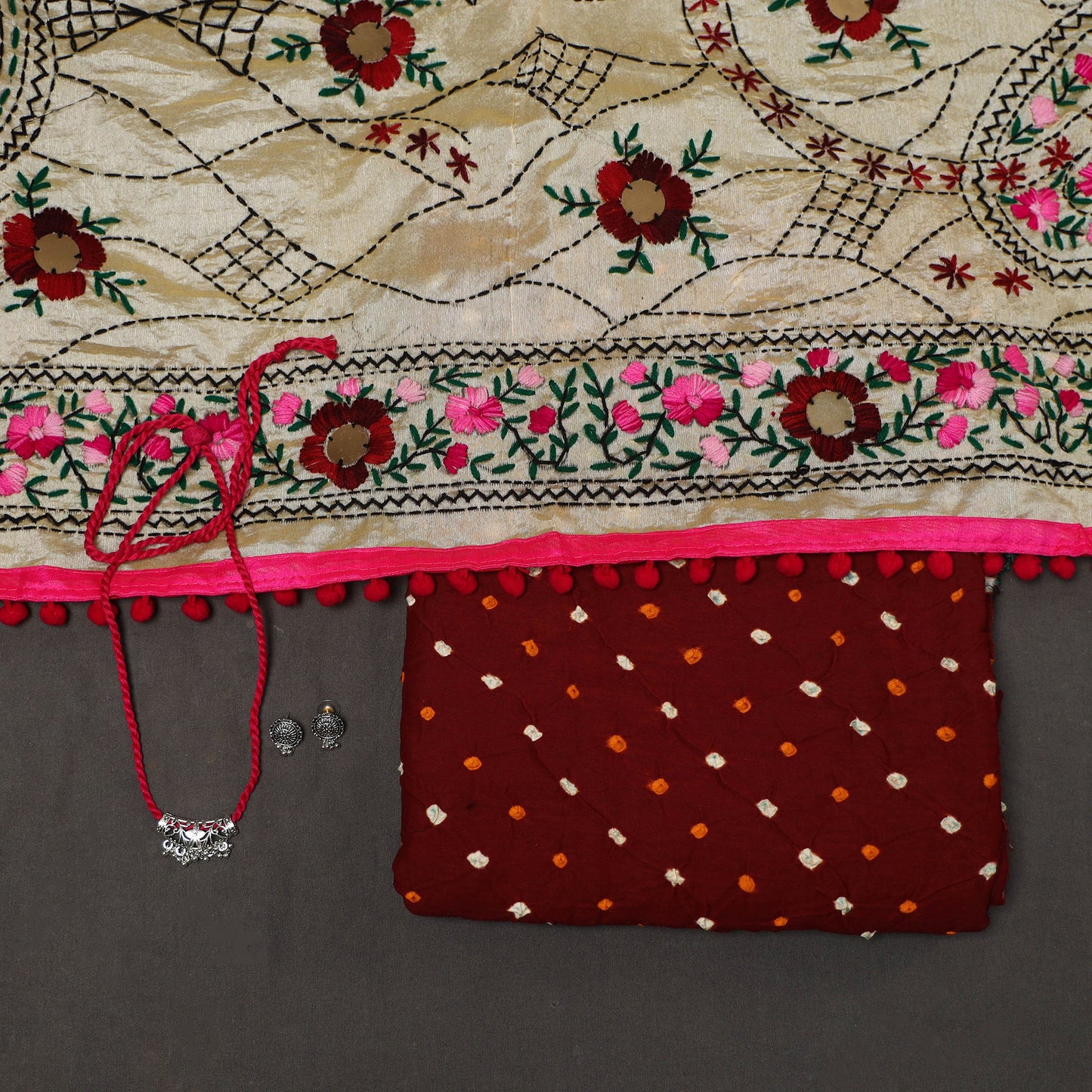 Maroon 2pc Unstitched Bandhani Dress Material with Jewellery Set