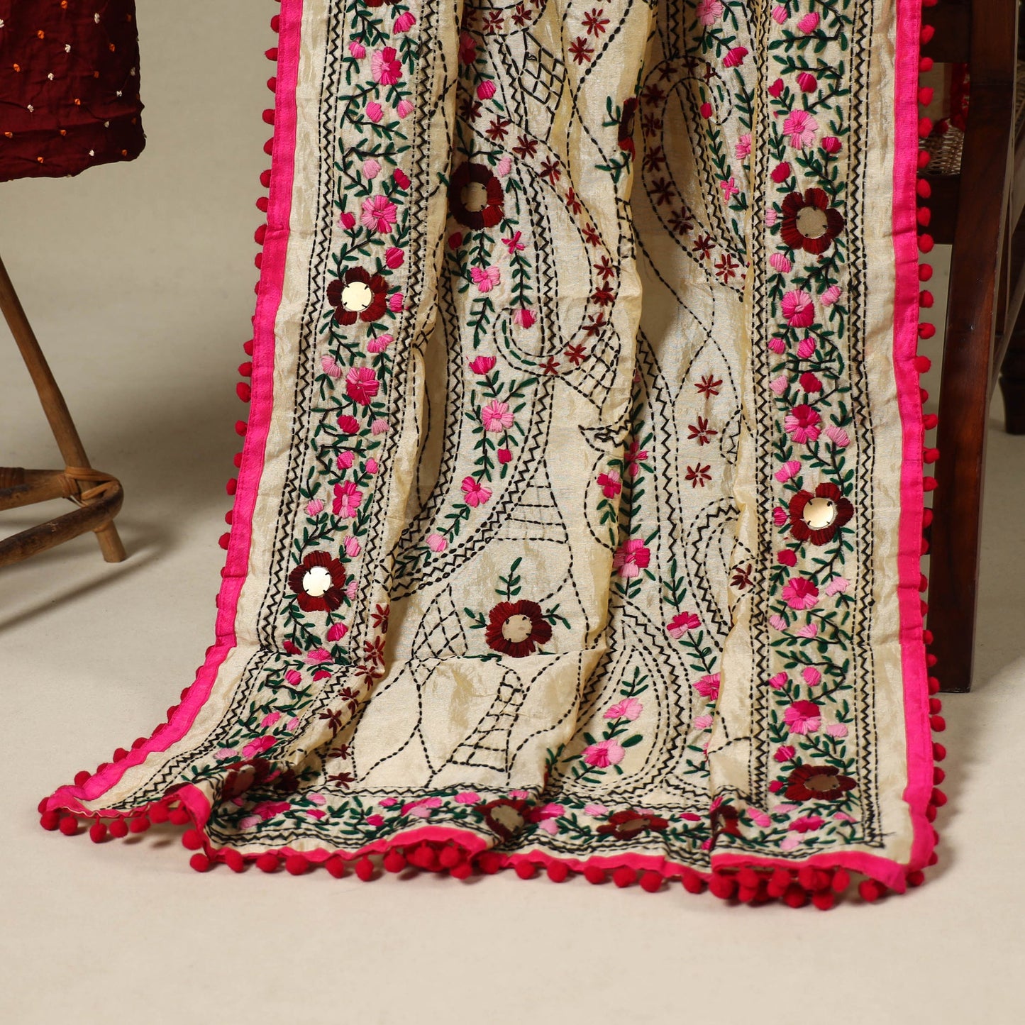 Maroon 2pc Unstitched Bandhani Dress Material with Jewellery Set