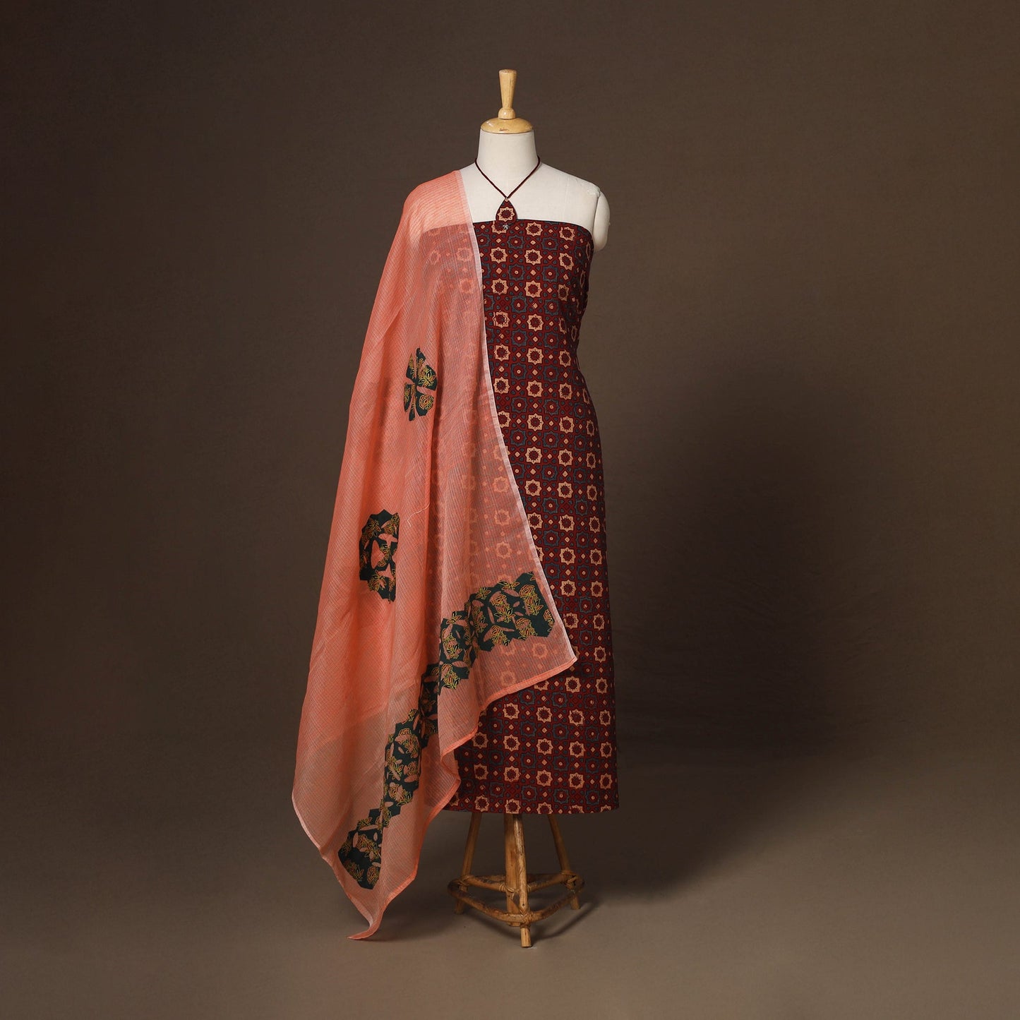 Maroon - 2pc unstitched dress material with jewellery set