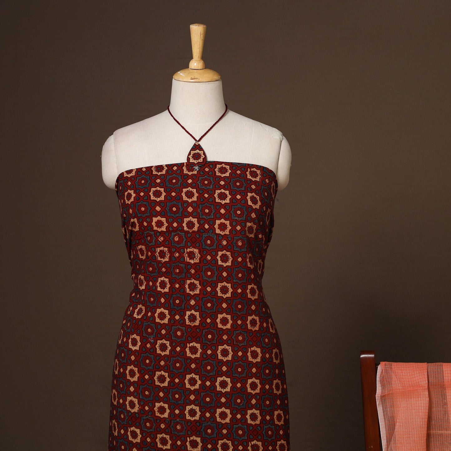 Maroon - 2pc unstitched dress material with jewellery set