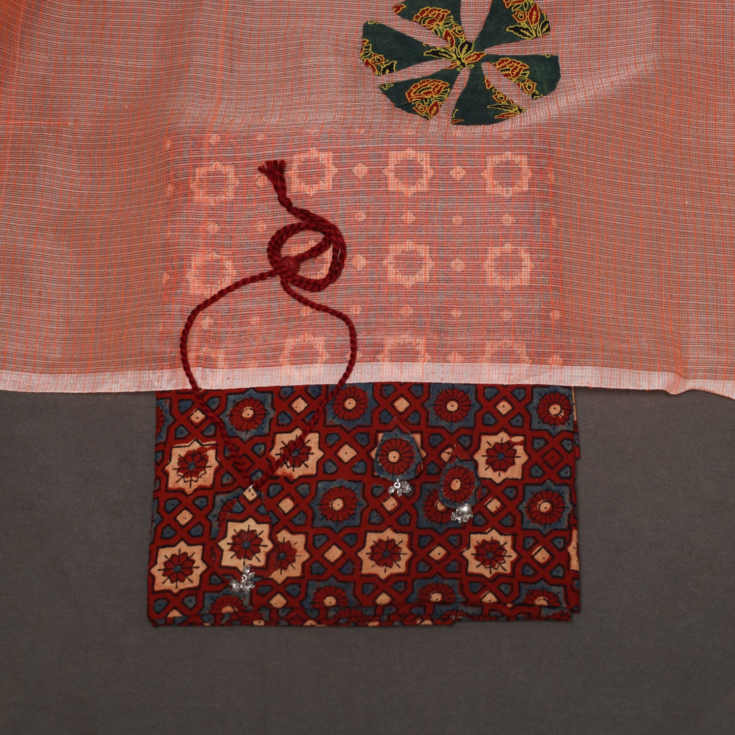 Maroon - 2pc unstitched dress material with jewellery set