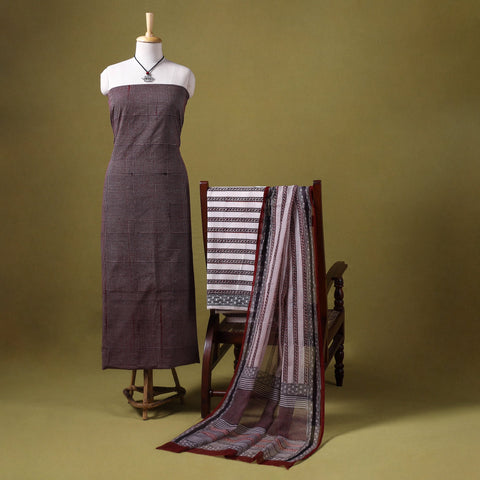 Maroon 3pc Cotton Bagh Print Dress Material with Jewellery Set 