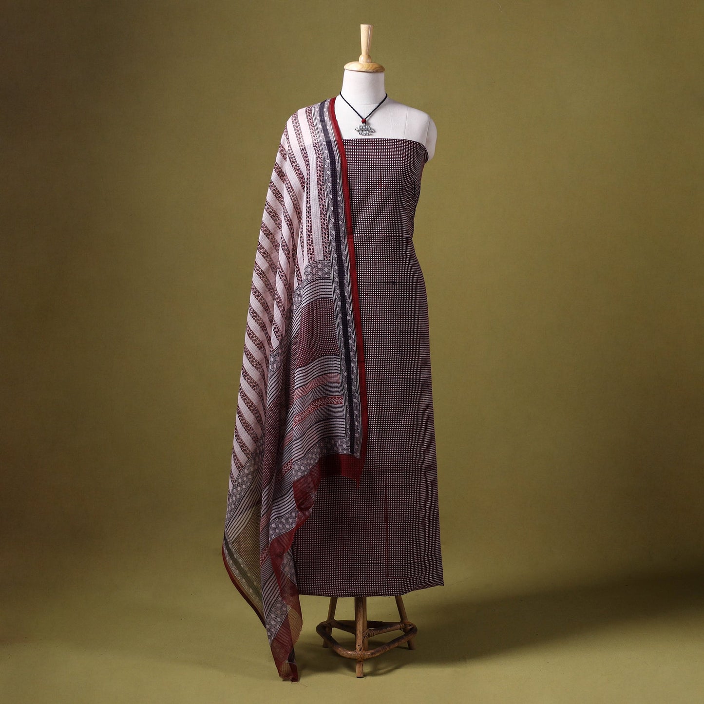 Maroon 3pc Cotton Bagh Print Dress Material with Jewellery Set 