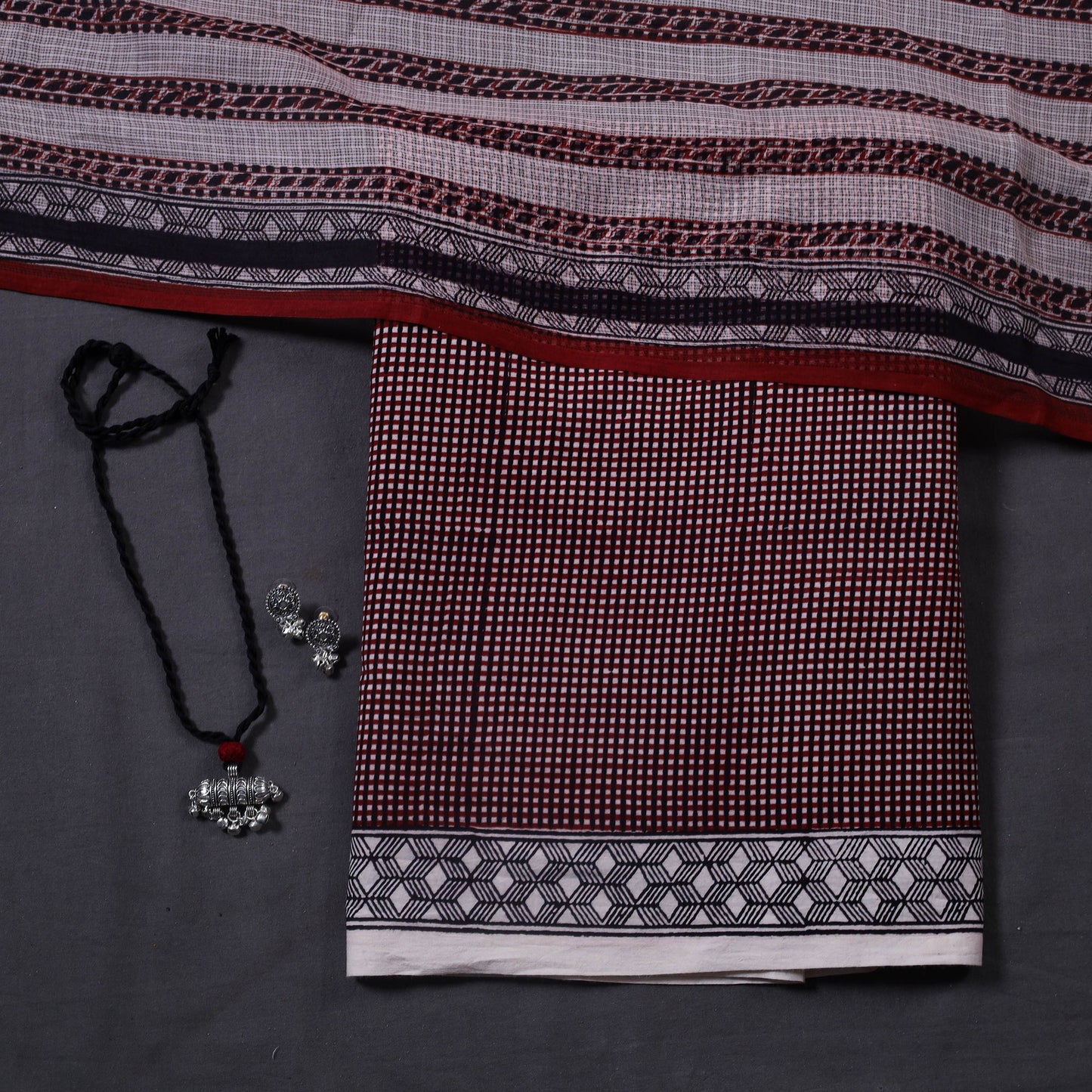 Maroon 3pc Cotton Bagh Print Dress Material with Jewellery Set 