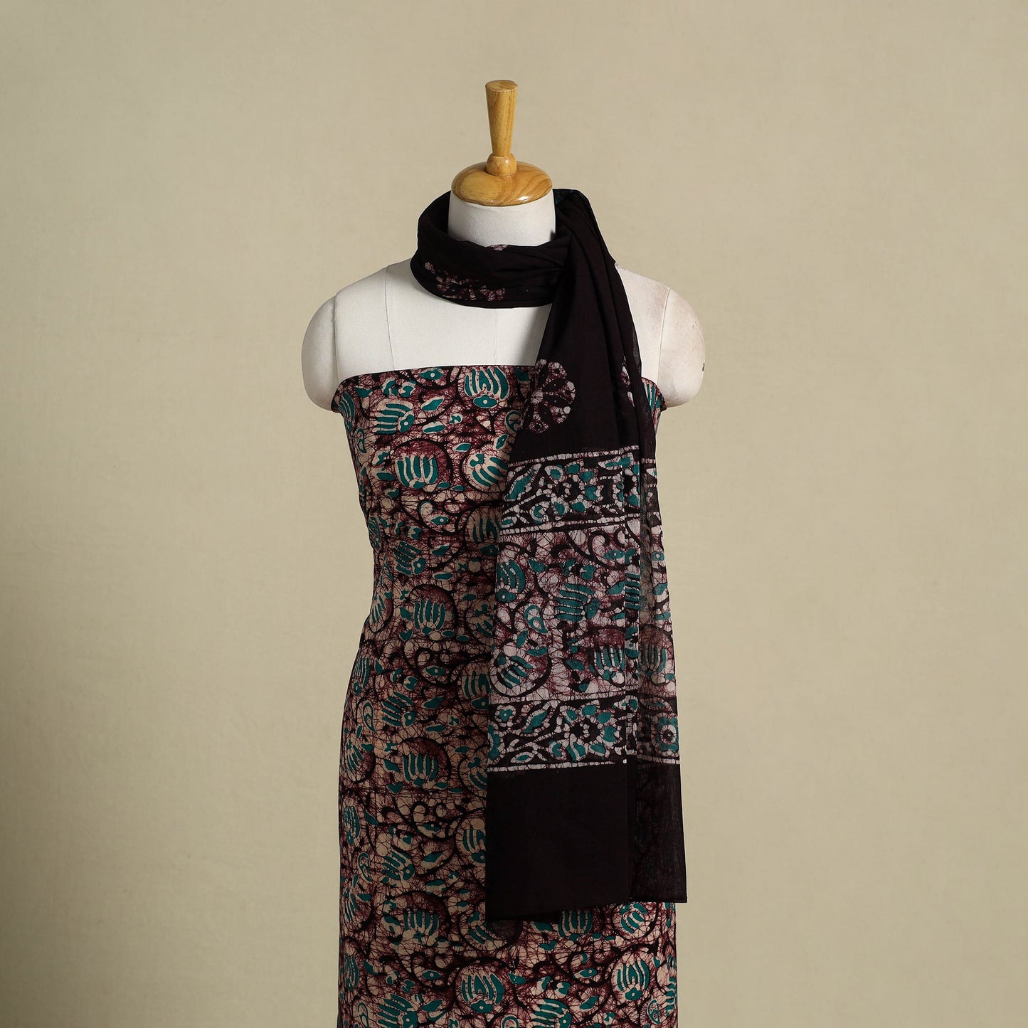 Maroon 3pc Cotton Hand Batik Print Dress Material