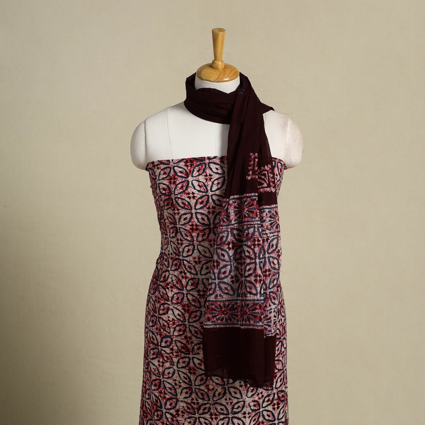 Maroon 3pc Cotton Hand Batik Print Dress Material