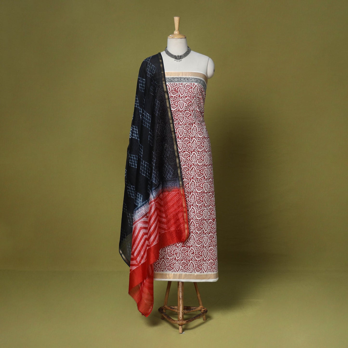 Maroon - 3pc cotton unstitched mangalagiri dress material