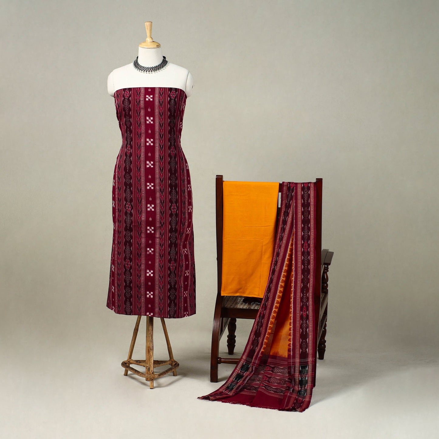 Maroon 3pc Handloom Cotton Sambalpuri Ikat Dress Material