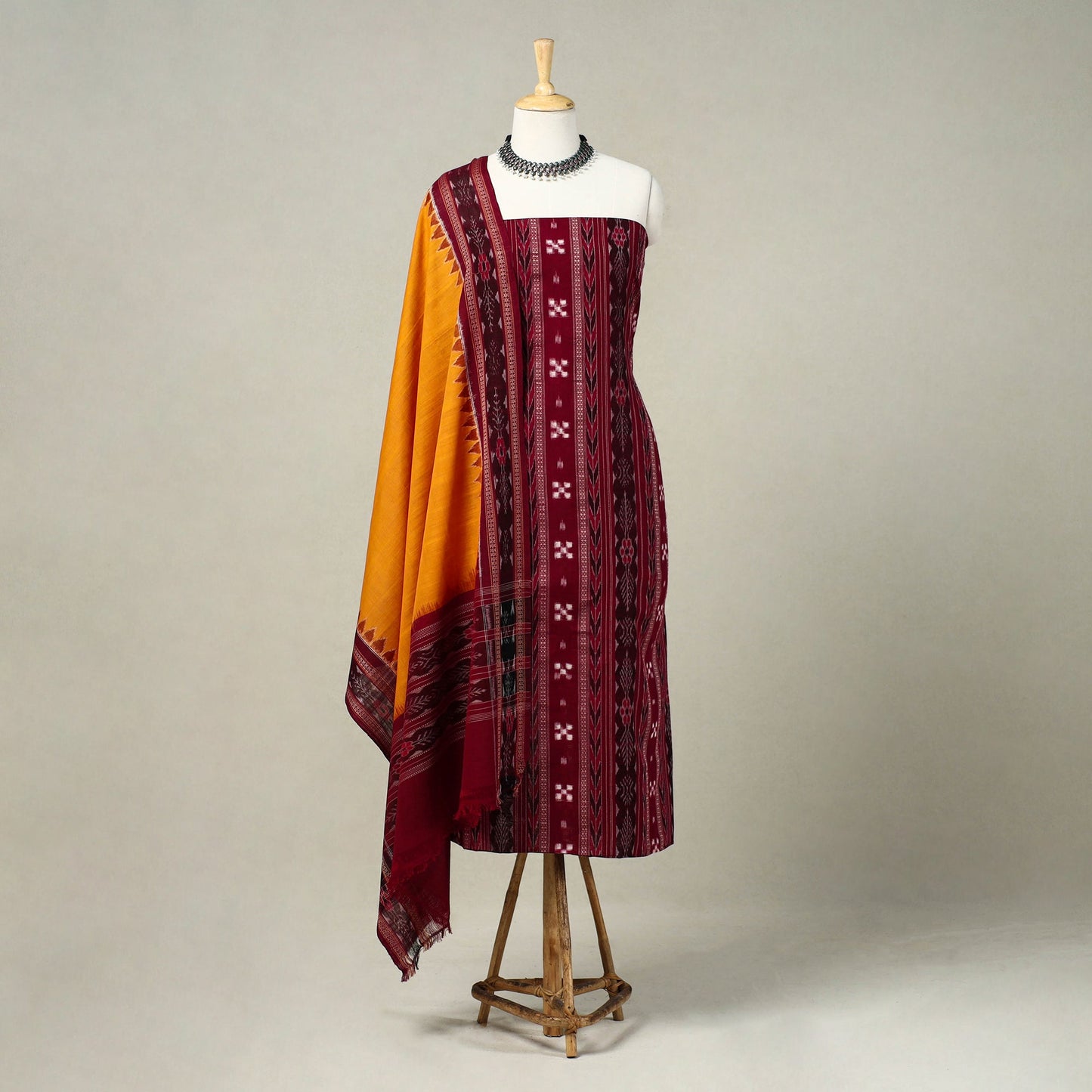 Maroon 3pc Handloom Cotton Sambalpuri Ikat Dress Material