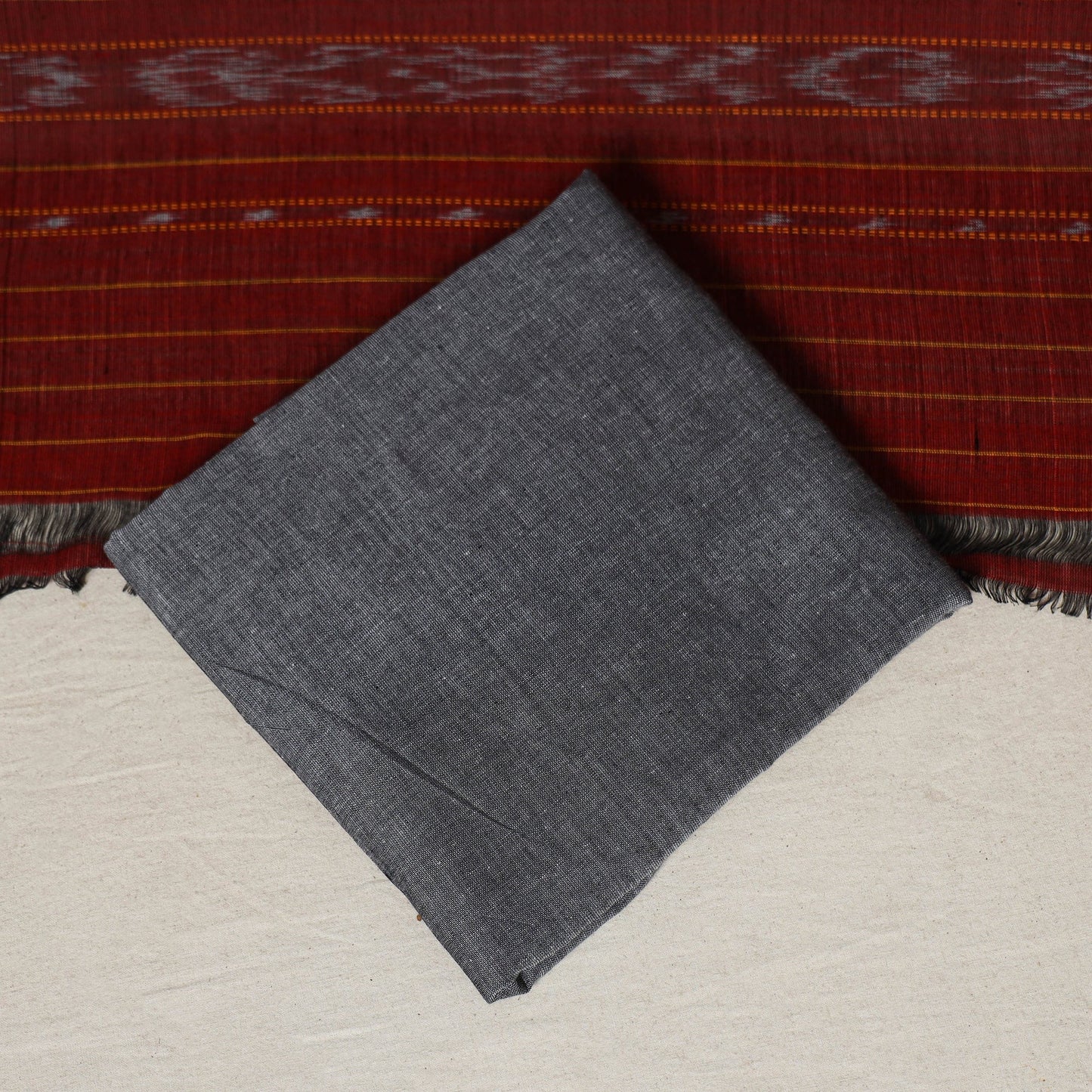 Maroon - 3pc handloom cotton unstitched sambalpuri dress