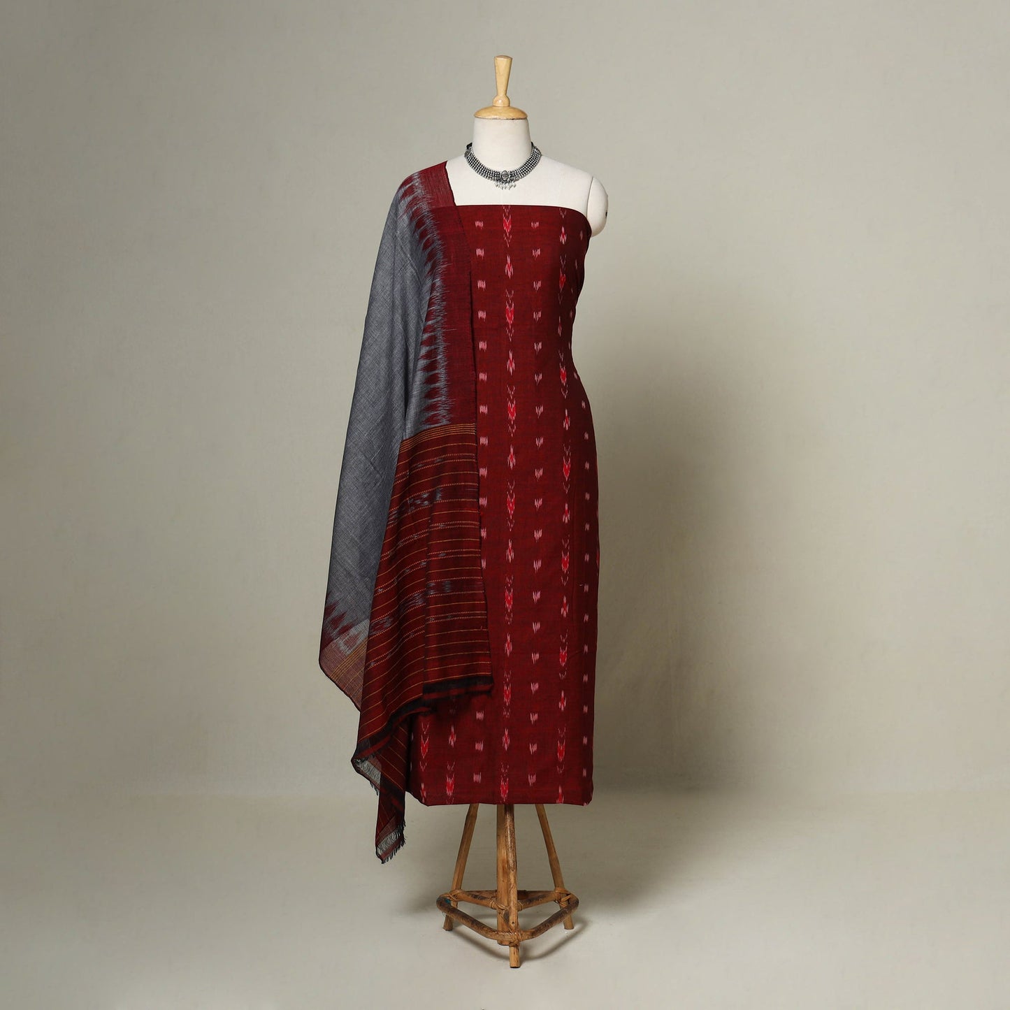Maroon - 3pc handloom cotton unstitched sambalpuri dress