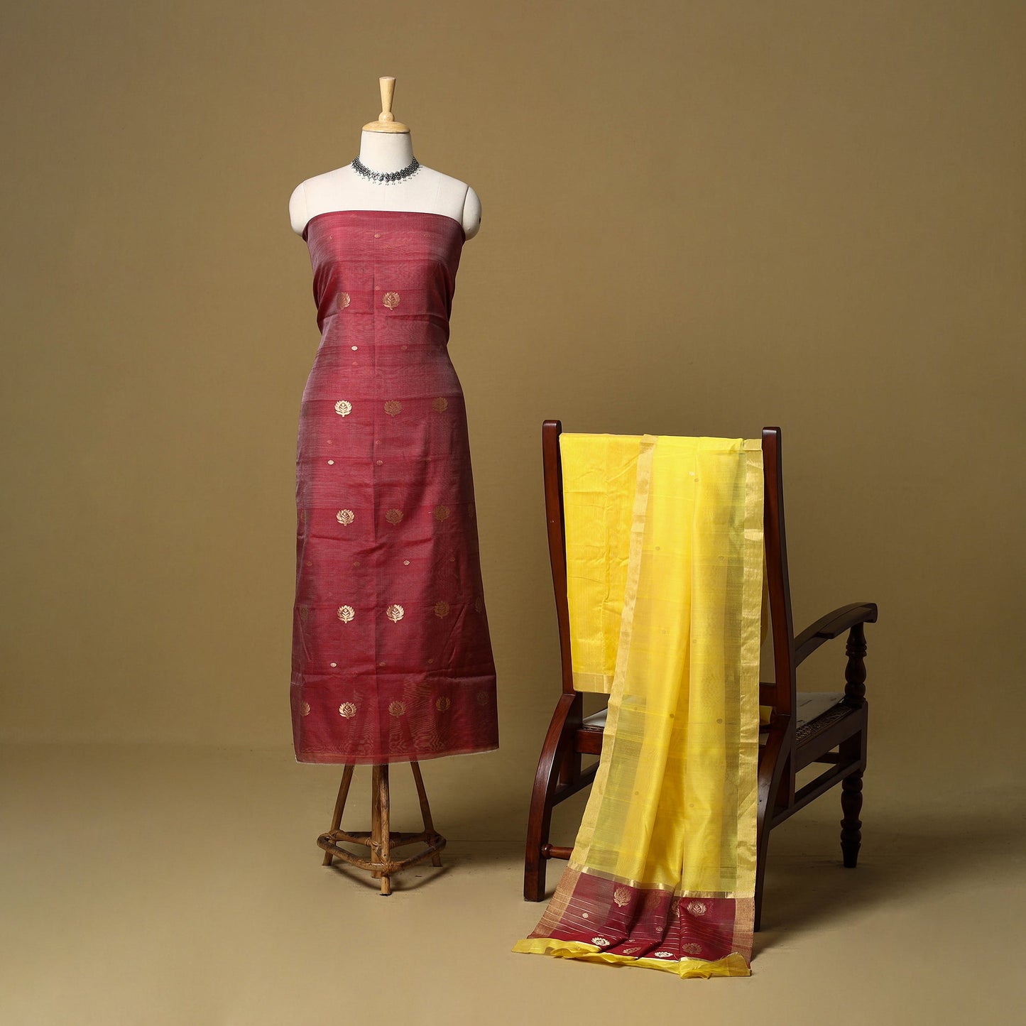 Maroon - 3pc handloom zari buta unstitched chanderi silk