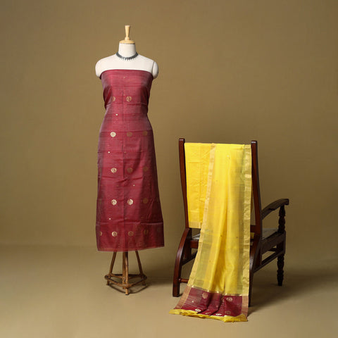 Maroon - 3pc handloom zari buta unstitched chanderi silk
