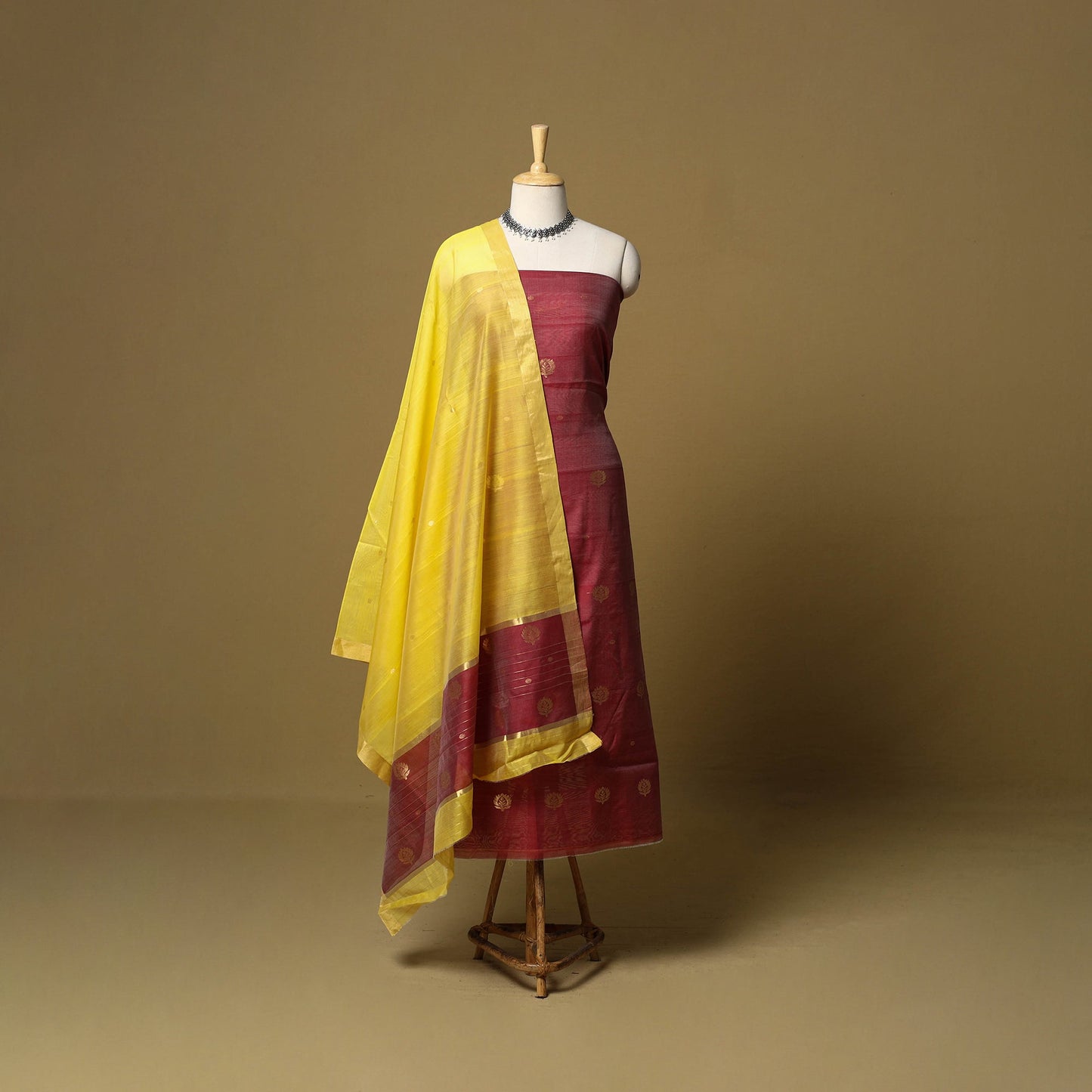Maroon - 3pc handloom zari buta unstitched chanderi silk