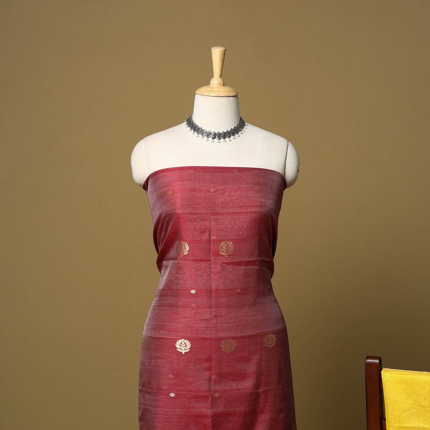 Maroon - 3pc handloom zari buta unstitched chanderi silk