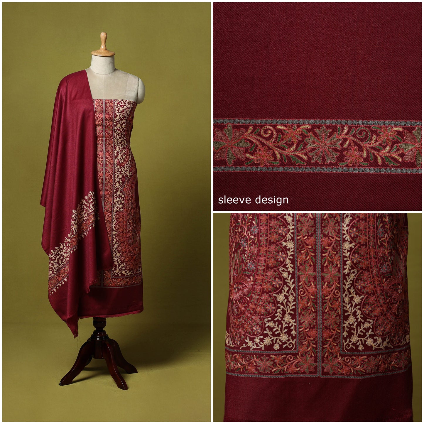 Maroon - 3pc heavy chain stitch embroidered merino wool