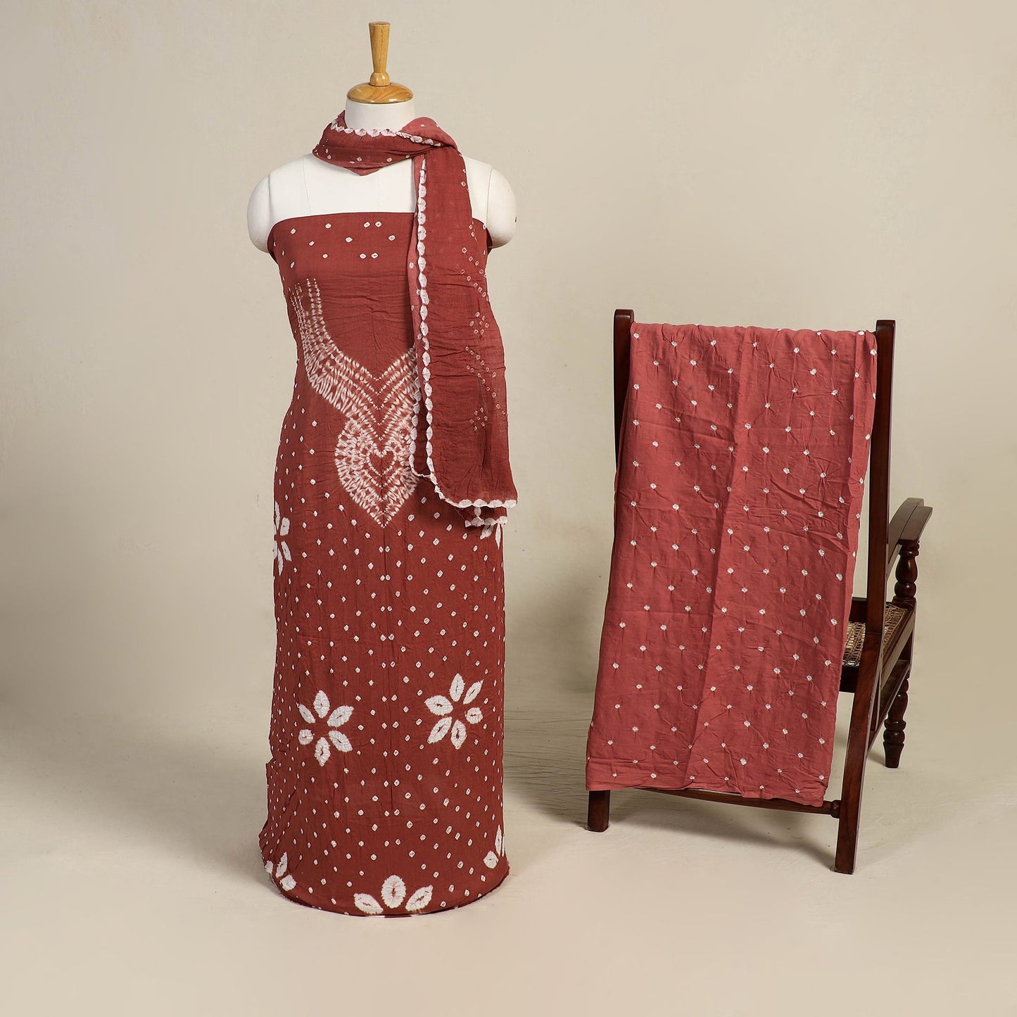 Maroon 3pc Kutch Tie-Dye Satin Cotton Bandhani Dress Material