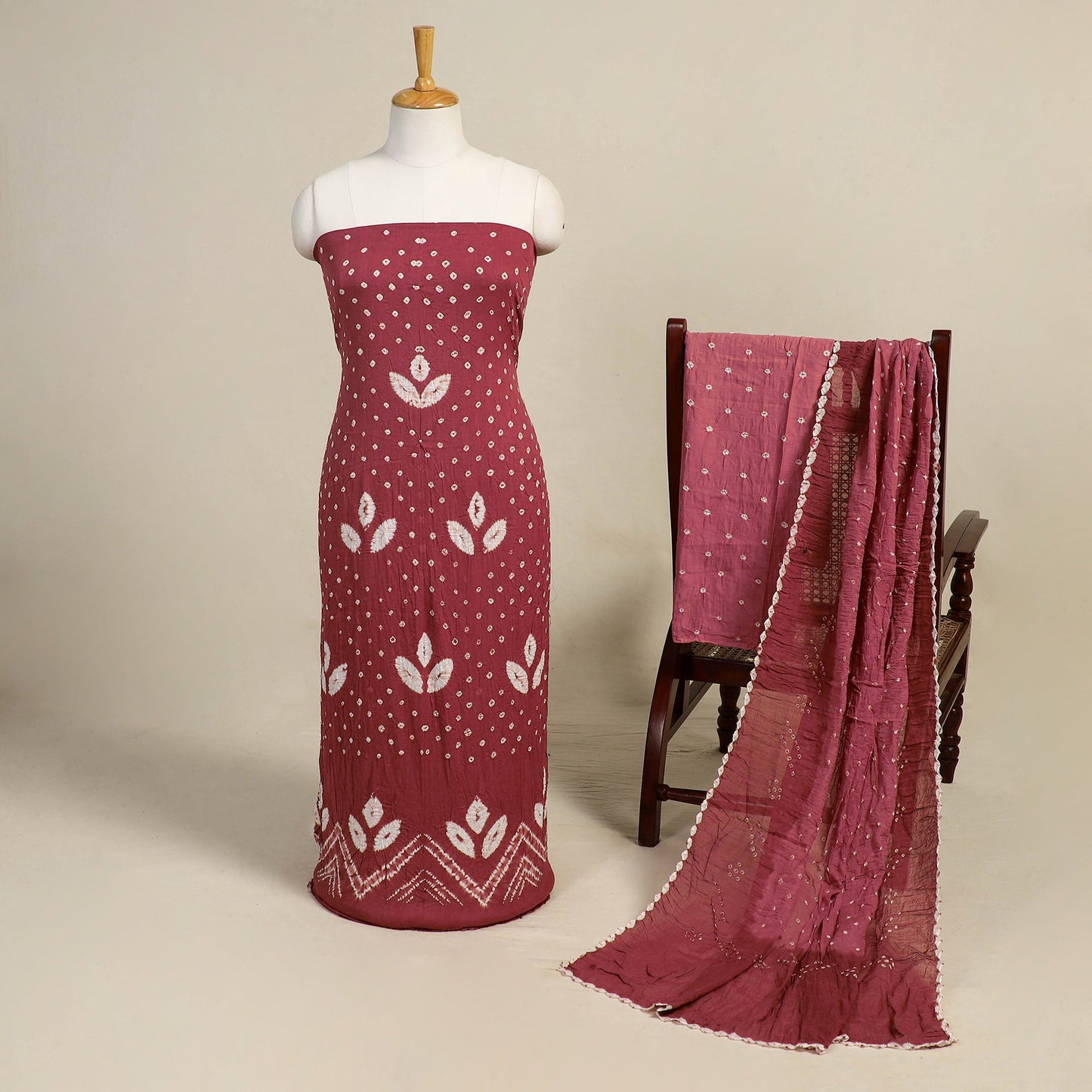 Maroon - 3pc kutch tie-dye satin cotton bandhani unstitched