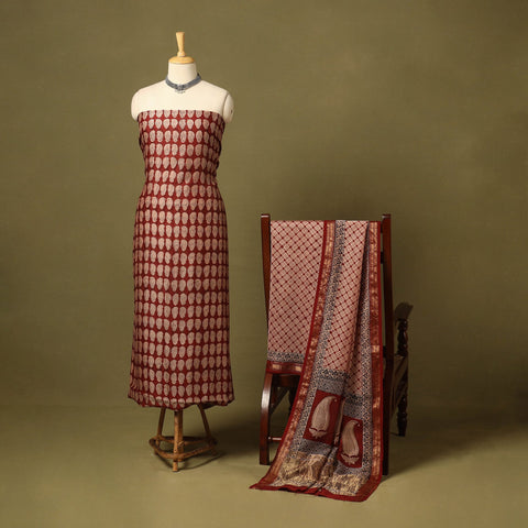 Maroon 3pc Maheshwari Silk Unstitched Bagh Print Dress Material