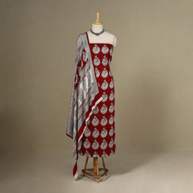 Maroon - 3pc Modal Silk Unstitched Bagh Print Suit Material Set 