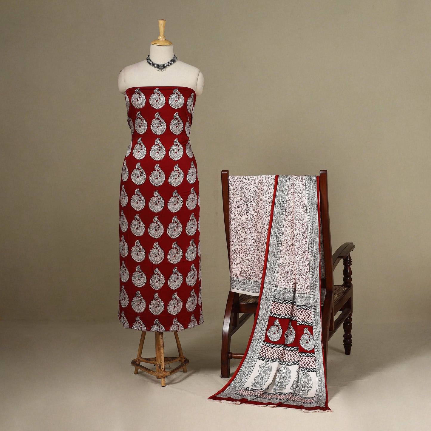 Maroon - 3pc Modal Silk Unstitched Bagh Print Suit Material Set 