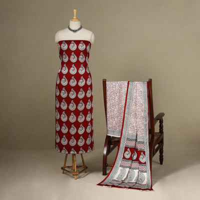 Maroon - 3pc Modal Silk Unstitched Bagh Print Suit Material Set 