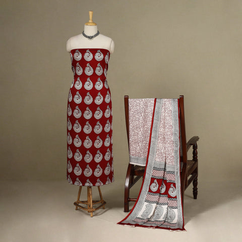 Maroon - 3pc Modal Silk Unstitched Bagh Print Suit Material Set 