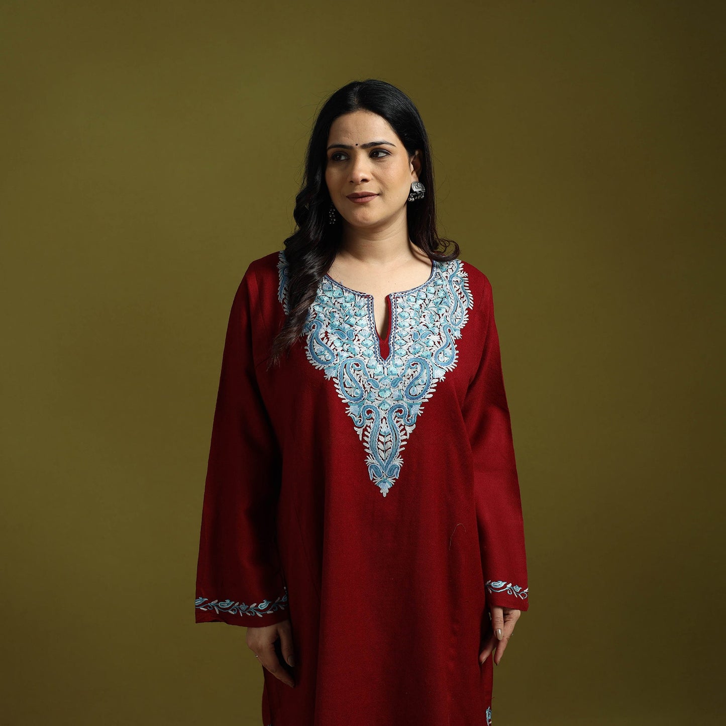 Maroon - aari hand embroidery kashmiri merino wool pheran