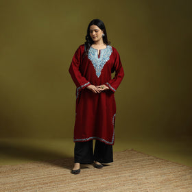 Maroon - aari hand embroidery kashmiri merino wool pheran