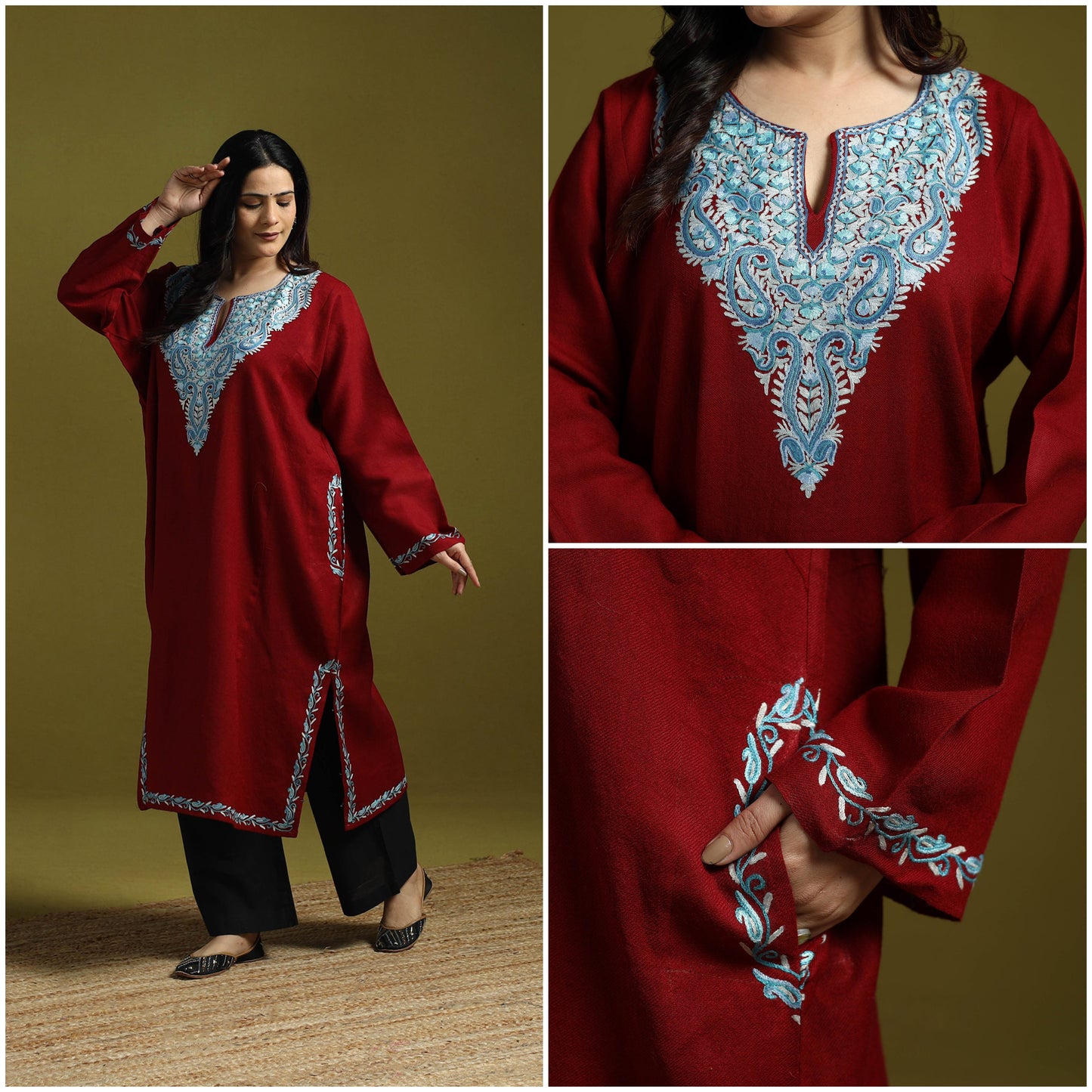 Maroon - aari hand embroidery kashmiri merino wool pheran