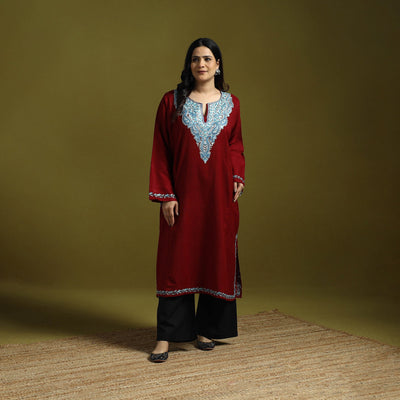 Maroon - aari hand embroidery kashmiri merino wool pheran