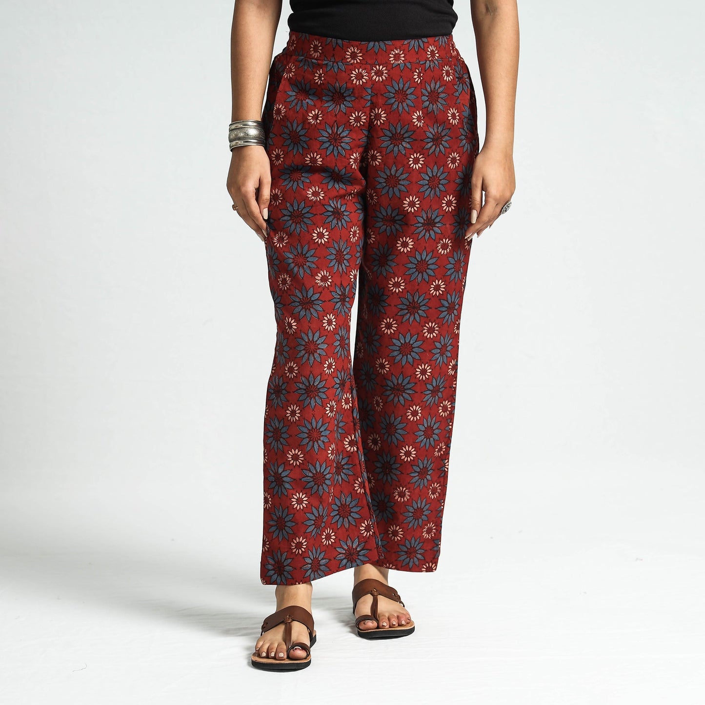 Maroon - Ajrakh Block Printed Cotton Elasticated Pant