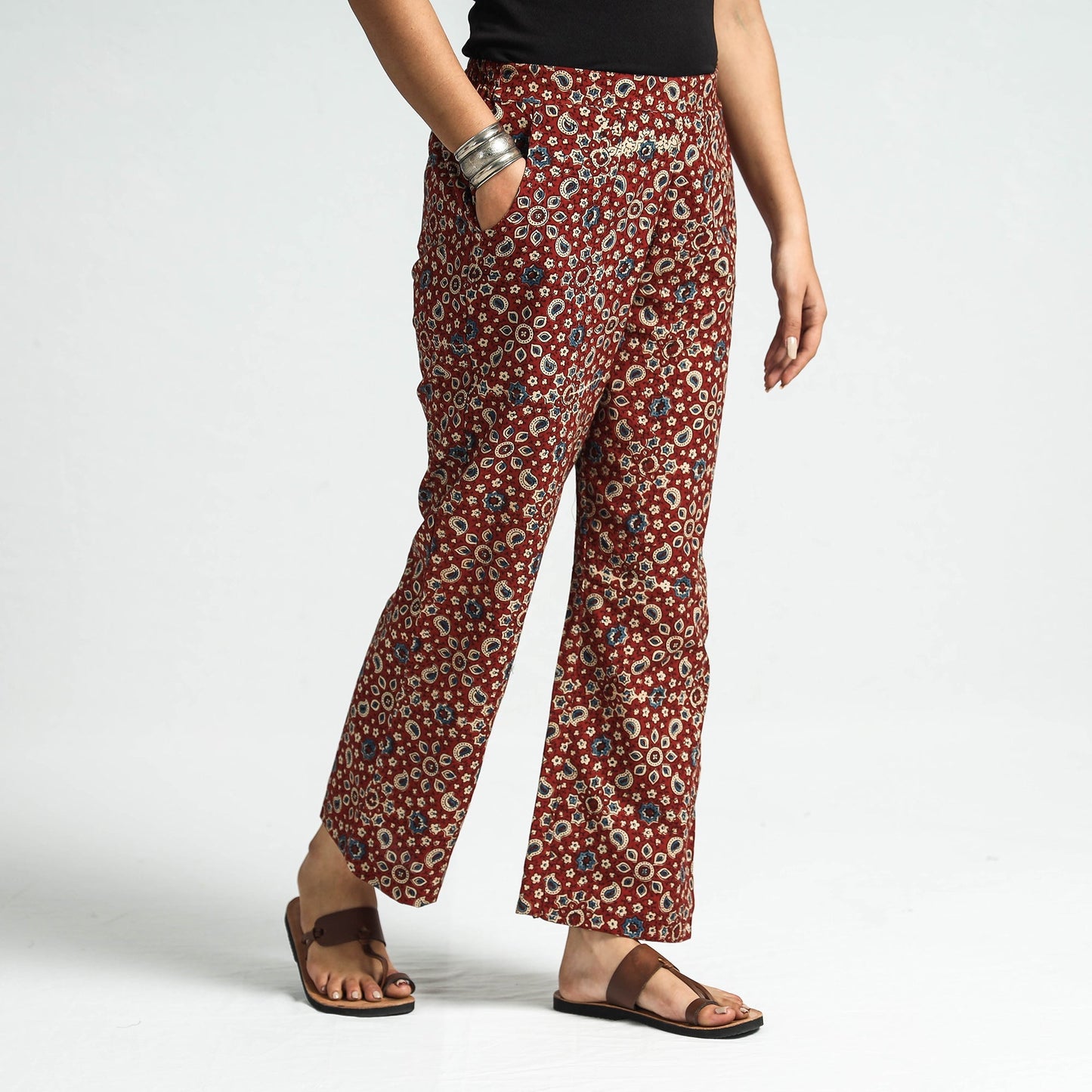 Maroon - printed cotton elasticated pant - handcrafted