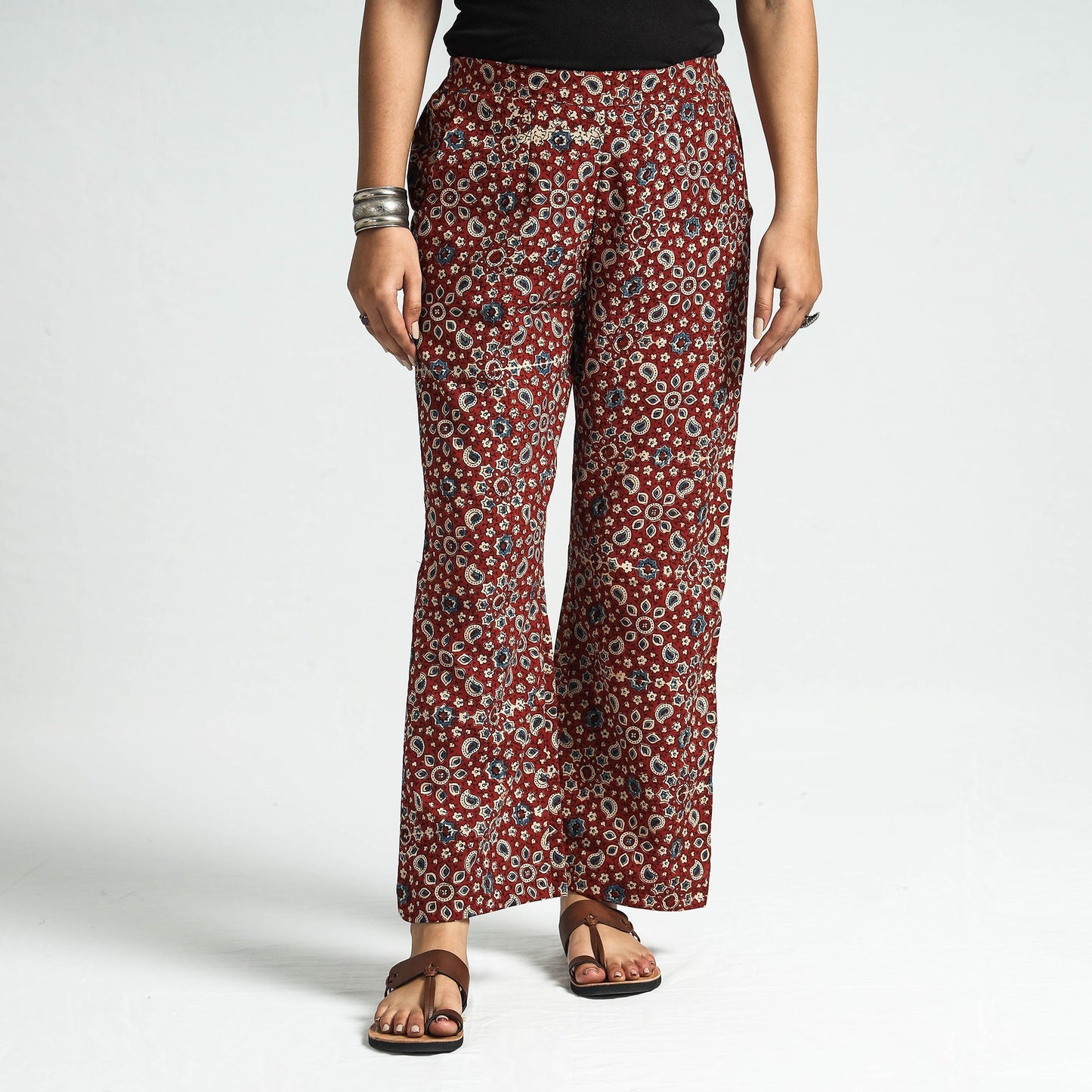 Maroon - printed cotton elasticated pant - handcrafted