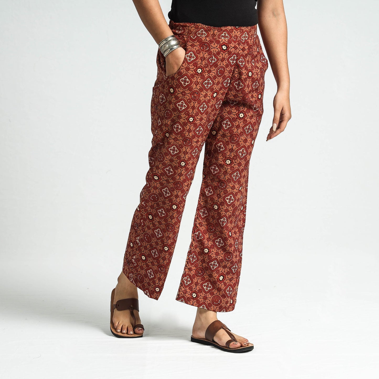 Maroon - orange - printed cotton elasticated pant