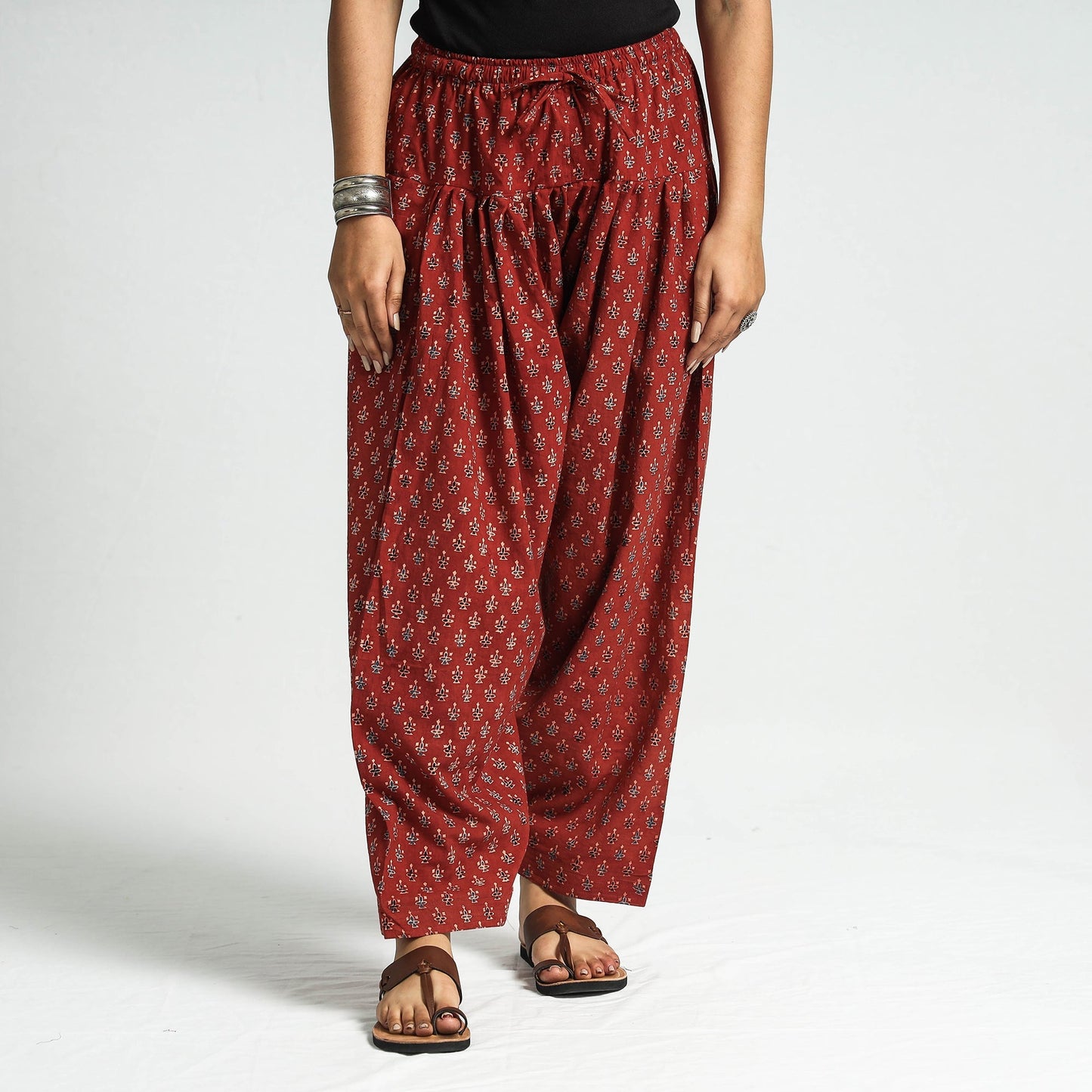Maroon - printed cotton elasticated salwar - handcrafted