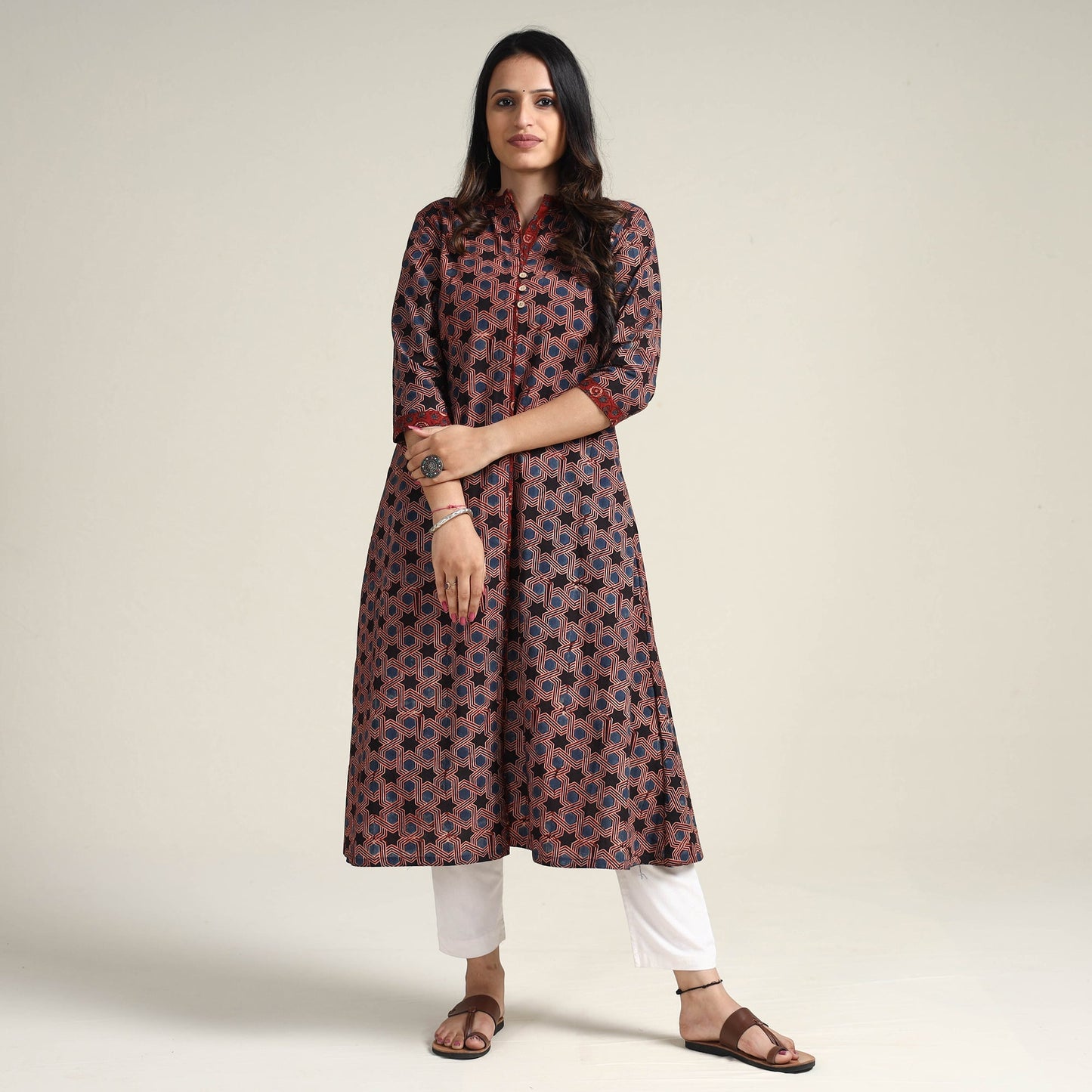 Buy Ajrakh Block Printed Cotton Long Kurta for Women