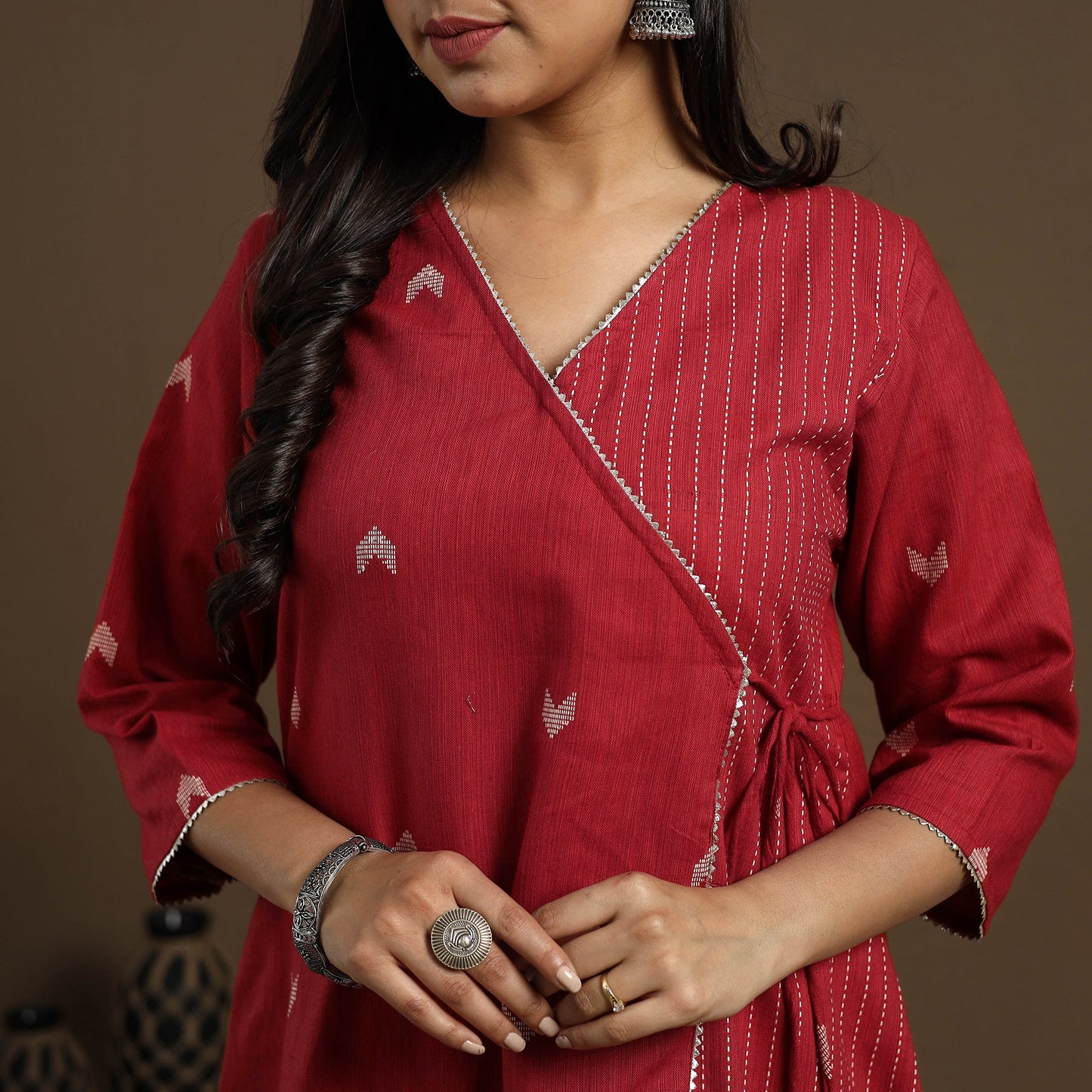 Angrakha Cotton Gota Work Maroon Jacquard Kurta with Palazzo Set