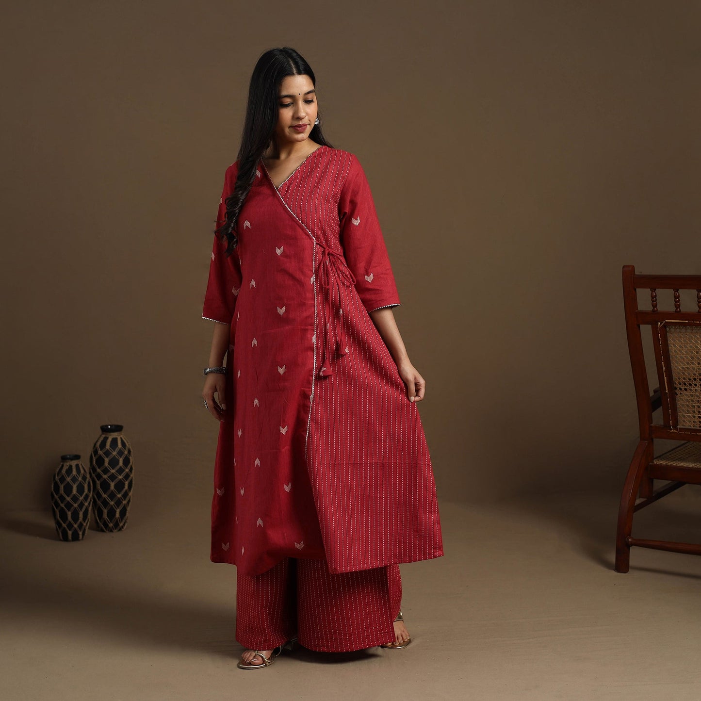 Angrakha Cotton Gota Work Maroon Jacquard Kurta with Palazzo Set