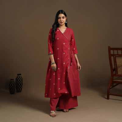 Angrakha Cotton Gota Work Maroon Jacquard Kurta with Palazzo Set