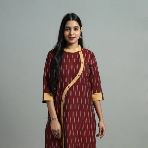  Maroon Angrakha Cotton Straight Pochampally Ikat Kurta 