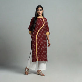  Maroon Angrakha Cotton Straight Pochampally Ikat Kurta 
