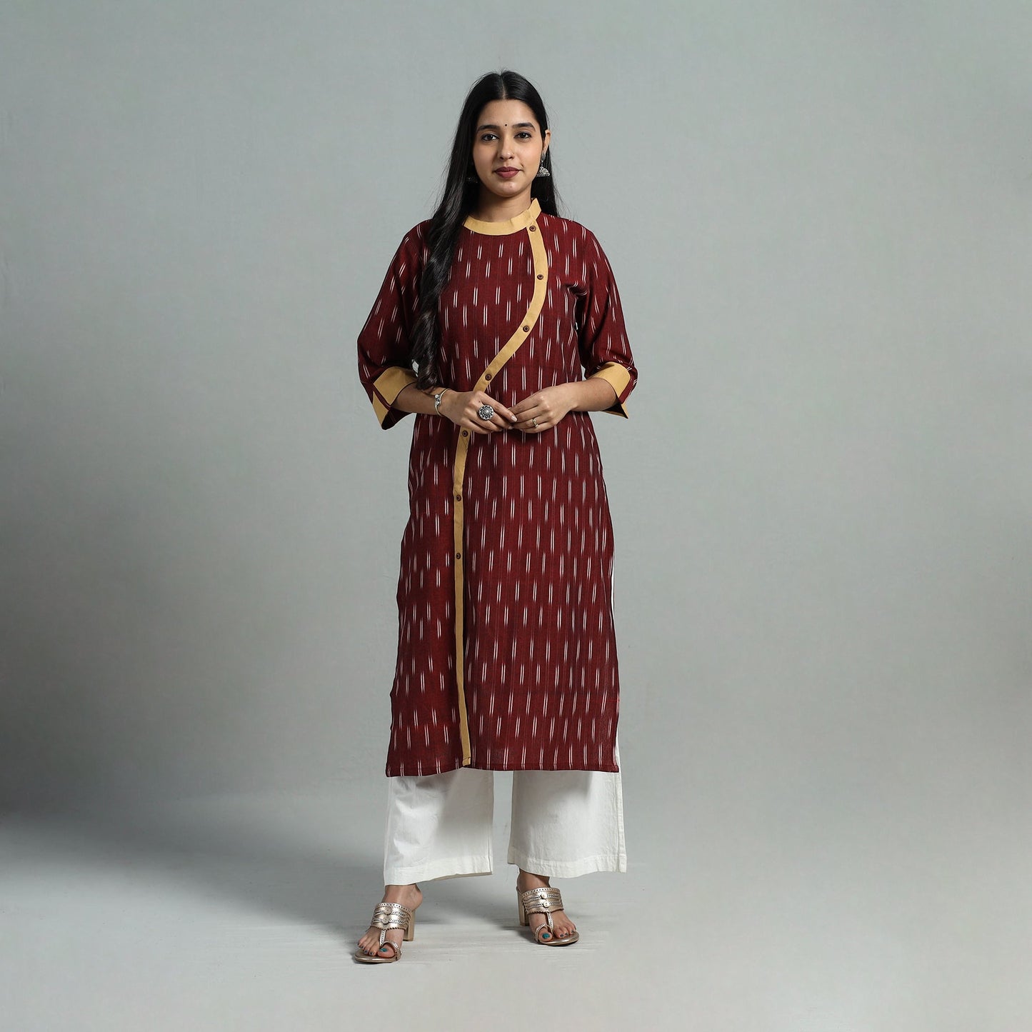  Maroon Angrakha Cotton Straight Pochampally Ikat Kurta 