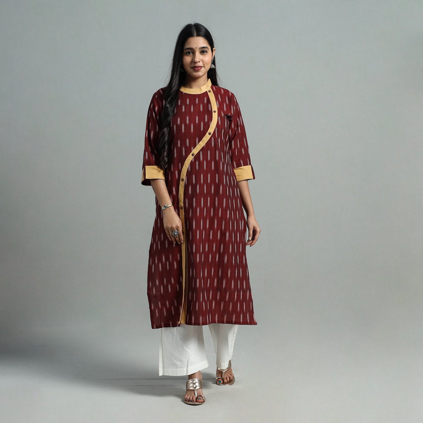  Maroon Angrakha Cotton Straight Pochampally Ikat Kurta 