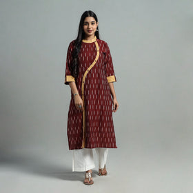  Maroon Angrakha Cotton Straight Pochampally Ikat Kurta 