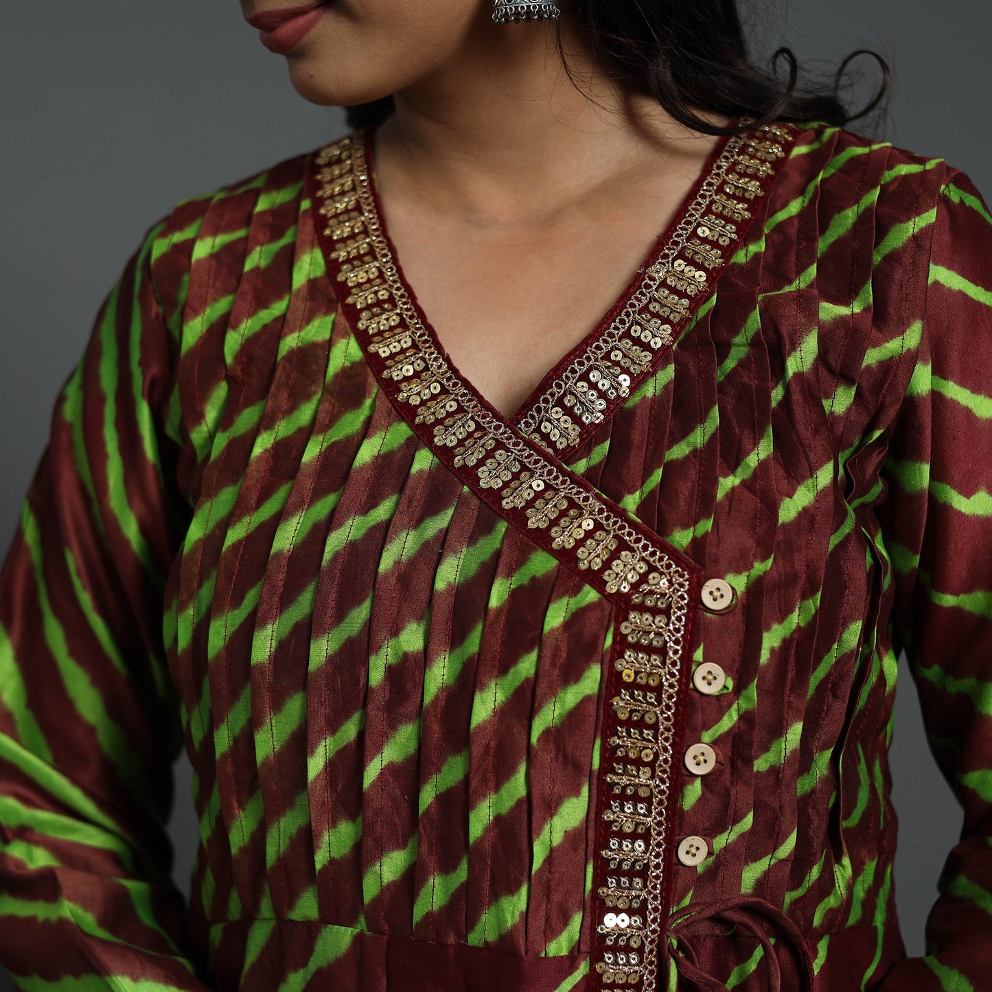 Angrakha Brown Handloom Chanderi Silk Tie-Dye Leheriya Kurta for Women