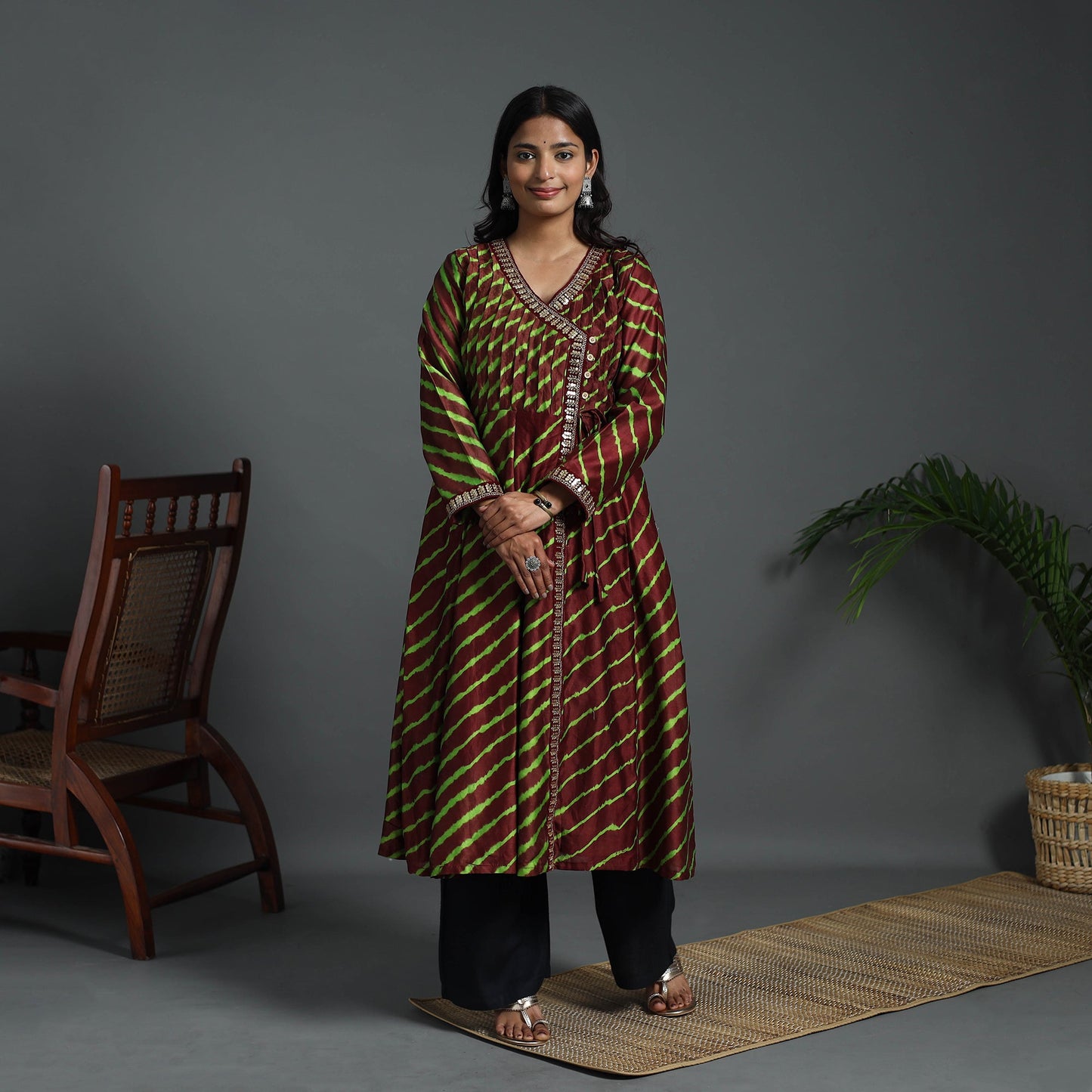 Angrakha Brown Handloom Chanderi Silk Tie-Dye Leheriya Kurta for Women