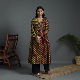 Angrakha Brown Handloom Chanderi Silk Tie-Dye Leheriya Kurta for Women